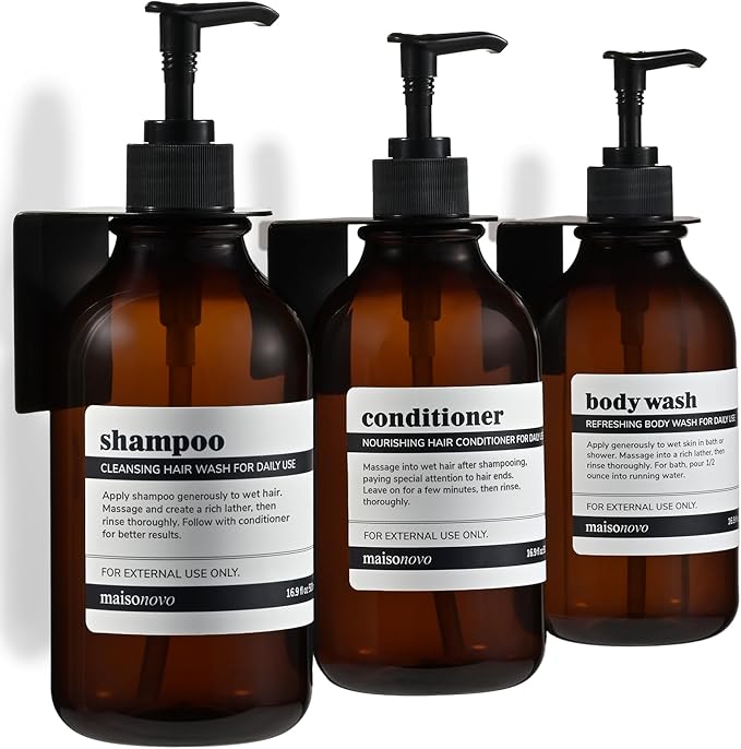 MaisoNovo Shampoo and Conditioner Dispenser - Shower Soap Dispenser Wall Mounted - 16.9 fl oz Set of 3 Amber Plastic Bottles Black Pump - 3 Chamber No Drill