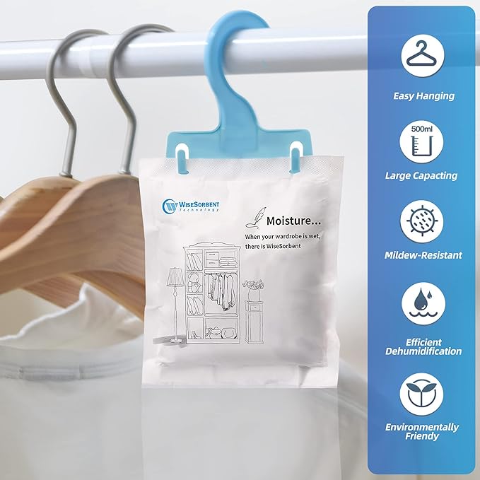 Moisture Absorber Packets with Plastic Case & Hook, Odor Eliminator, Leak Proof, Fragrance Free, Humidity Packs, Hanging Closet Dehumidifier Bags, Moisture Absorber (4 Packs)