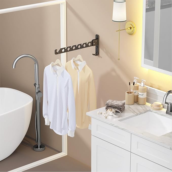 Wall Mounted Clothes Drying Rack, Wall Clothes Hanger Foldable, Laundry Hanger Hook for Bathroom, Wall Clothes Rack Indoor, Perfect for Small Spaces, Matte Black