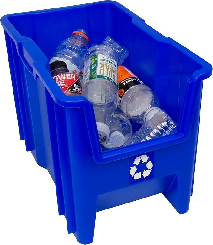 Commercial Industrial Heavy Duty Stackable Open-Front Recycling Bin Box Containers, 7 Gallon, 4 Pack, Blue