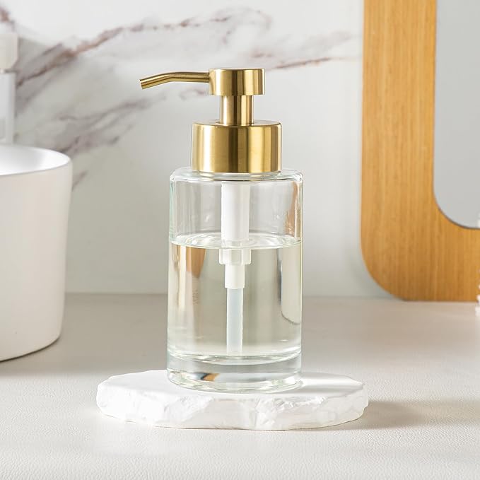 Enra Thick Glass Soap Dispenser with Stainless Steel Gold Pump,12oz Bathroom Hand Liquid Soap Dispensers,Lotion Dispenser,Soap Dispenser for Bathroom,Kitchen(Clear/Gold Liquid Type)