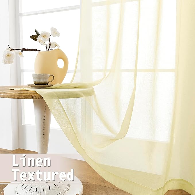 Tollpiz Sheer Door Curtain Closet Linen Textured Curtain Sheers Doorway Light Filtering Voile French Door Rod Pocket Curtains Patio Door, 25 x 80 inches Long, Transparent Yellow, Set of 1 Panel