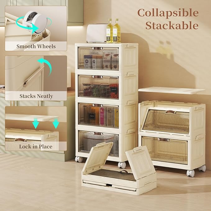 4 Tier - 34QT Storage Bins with Lids, Collapsible Storage Bins with Doors and Wheels, Plastic Storage Cabinet for Easy Storage and Organization for Living Room, Office
