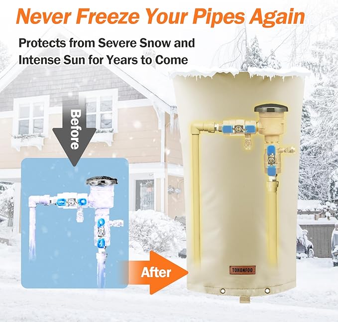 TOHONFOO Backflow Preventer Pipe Insulation Cover (5°F) - Irrigation Sprinkler Valve Insulated Pouch - Water Well Pump Cover - Sturdy 5 Layers for Winter Freeze Protection, 14" W x 26" H, Beige