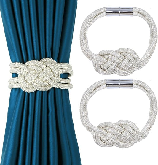 2 Pack Magnetic Curtain Tiebacks, Hand Weave Rope Knot Decorative Curtain Holdbacks for Home & Office Thin Window Drapery (Beige,2P)