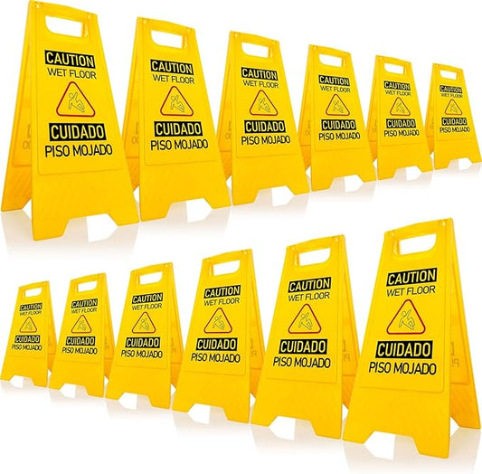 12-Pack Bilingual Caution Wet Floor Signs, A-Frame Double-Sided Warning Signs for Indoor & Outdoor Commercial Use, Foldable & Sturdy for Kitchen, Pool, Hotel and Workplace Safety