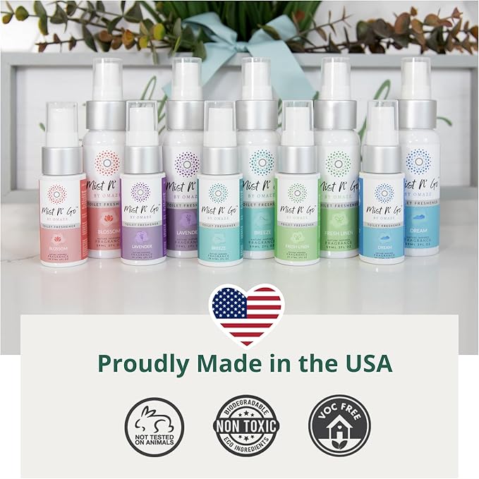Mist N’ Go by Omaze Travel Bathroom Spray for Toilet Spray Odor Eliminator - Travel Toilet Spray for Bathroom Air Freshener Spray for Bathroom Deodorizer - Mix All, Family Pack (2oz x5 + 1oz x5)