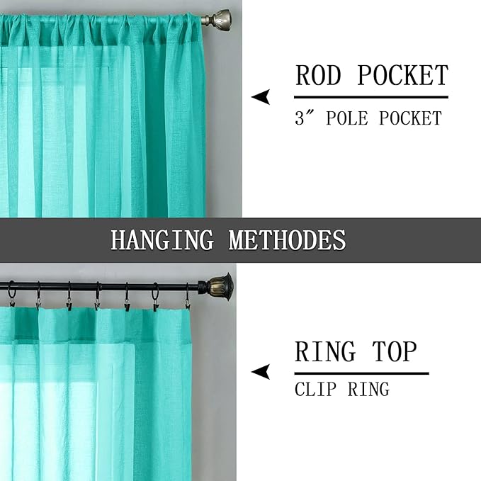 Tollpiz Sheer Curtains Linen Textured Living Room Curtain Sheers Light Filtering Rod Pocket Voile Curtains for Bedroom, 42 x 63 inches Long, Aqua Blue, Set of 2 Panels