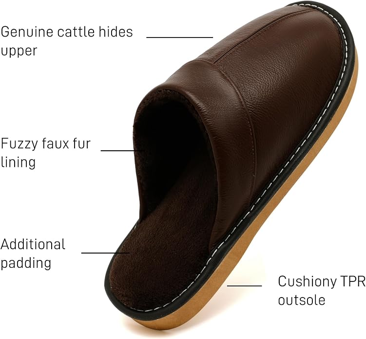 Slippers for Women Men, Genuine Leather Slippers Indoor Outdoor, Fuzzy Bedroom House Shoes for Women Men, Plush Lining Womens Sandals Slip-on