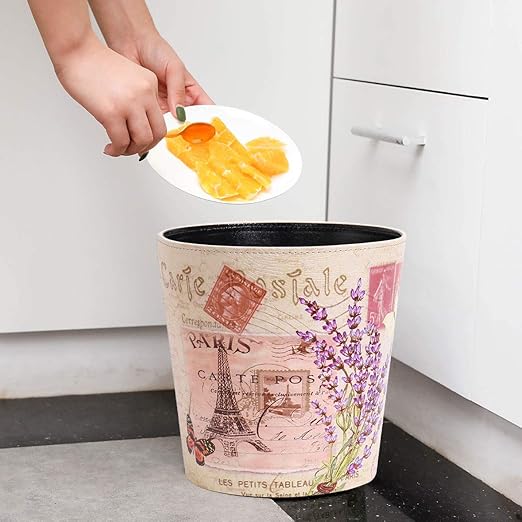 PU Leather Small Trash Can Wastebasket, Round Garbage Container Basket for Bathrooms, Laundry Room, Kitchens, Offices, Kids Rooms, Bedrooms,Dorms,Home Decorative Art Bin, 2.9 Gallon(Lavender Design)