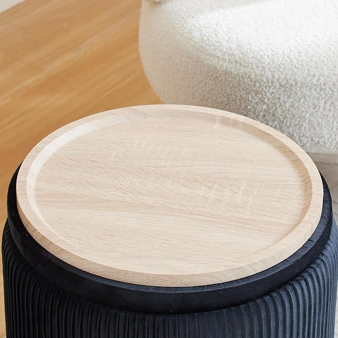 Round Ottoman with Storage Set of 2-Upholstered Velvet Vanity Stool for Makeup Multifunctional Ottomans Coffee Table Padded Seat Foot Rest for Living Room&Bedroom (Black-Upgrade Tray Lid)
