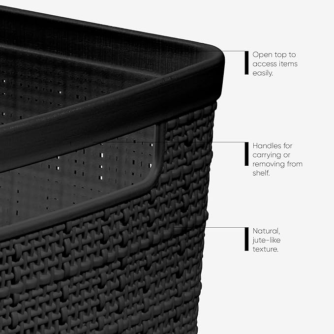 Curver Set of 8 Jute Slim Decorative Plastic Organization and Storage Baskets, Perfect Bins for Home Office, Closet Shelves, Kitchen Pantry and All Bedroom Essentials, Black