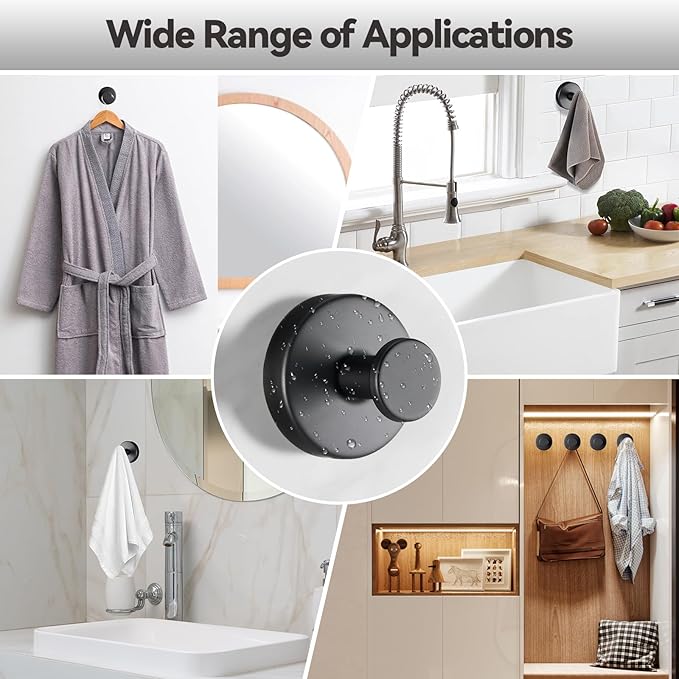 4 PCS Suction Cup Hooks for Shower, Stainless Steel No Drill Towel Hooks, Reusable Sticky Silicone Base for Bathroom Wall, Glass, Mirror, Tile to Hang Loofahs, Robes (Matt Black)