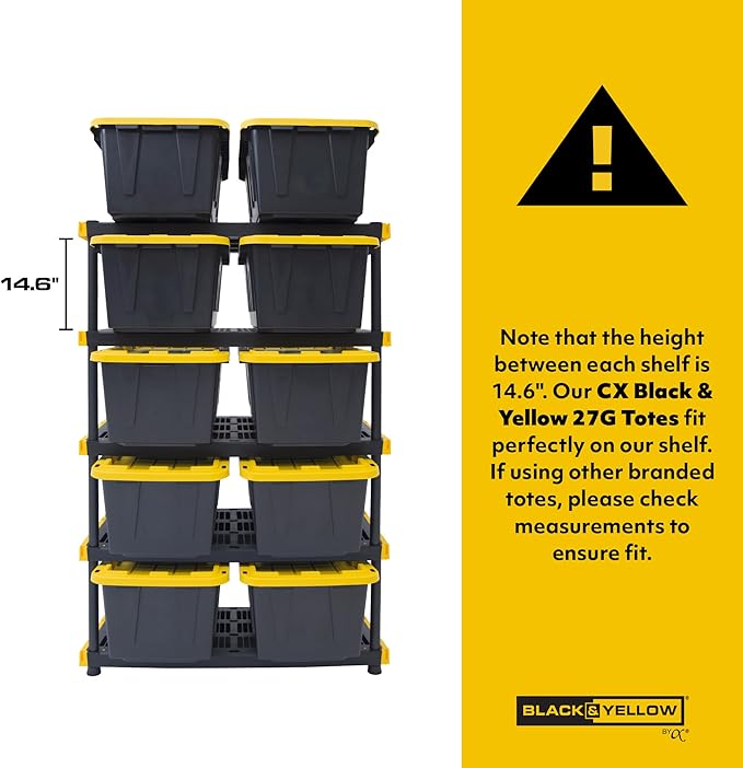 CX Black & Yellow®, 5-Tier Heavy Duty Plastic Storage Shelving Unit, 200lbs/shelf (72”H x 48”W x 20”D), for Indoor/Outdoor Organization, Modular Rack