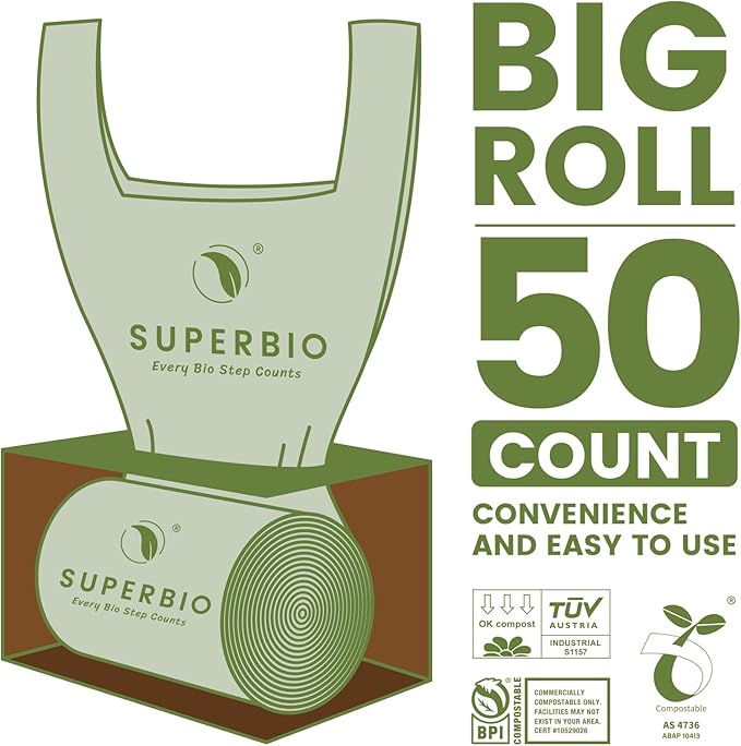 SUPERBIO 1.6 Gallon Handle Tie Compostable Food Scrap Bags For Counter Top Compost Bin, Small Compost Bags, 50 Count, 6 Liter, BPI & OK compost INDUSTRIAL Certified