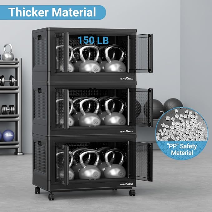 BROVIEW 500Qt Stackable Storage Bins with Lids, 125Gal Closet Organizers and Storage Drawer, Plastic Collapsible Storage Bins with Doors, Heavy Duty Store Box Cabinet for Home Kitchen, 5Pack Black