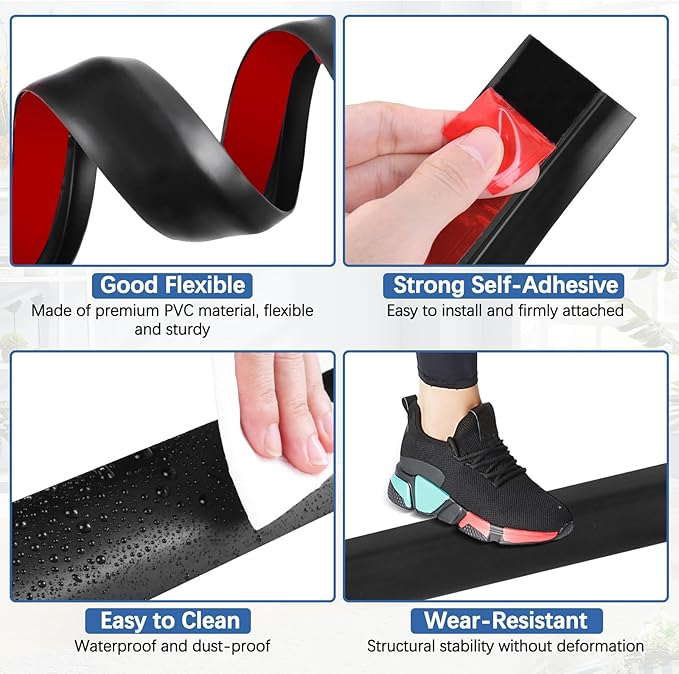 Vinyl Door Threshold Flooring Transition Strip Self Adhesive Carpet Edging Strip for Laminate Doorway Edge Threshold from 3/5" to 4/5" (Black, 6.6 Ft)