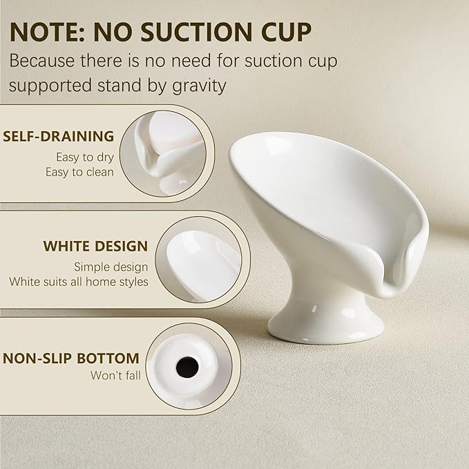 Soap Dish, Self Draining Bar Soap Holder for Bathroom Sink, Leaf-Shaped Drainage Ceramic Cream White Porcelain Decorative Soap Dish, ANTIS'S HOME