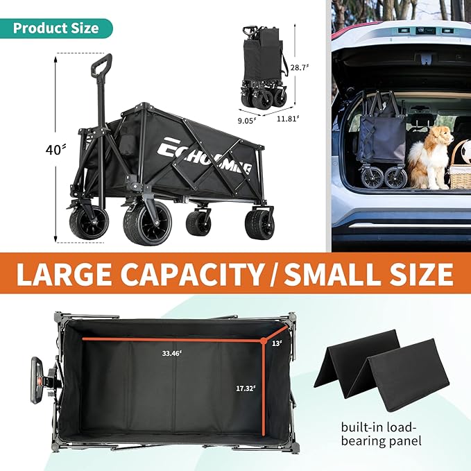 EchoSmile Collapsible Folding Wagon Cart with Compact Storage - 400LBS Capacity All Terrain Utility Cart for Camping, Beach, Grocery, Gardening - Black Outdoor Wagon