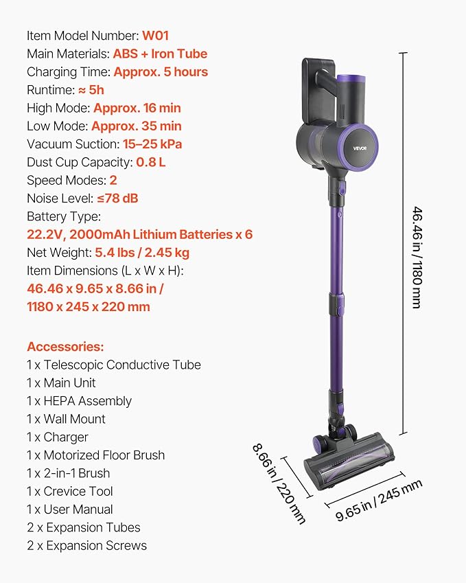 VEVOR Cordless Vacuum Cleaner, 25KPA Max Powerful Suction, Rechargeable Anti-Tangle Stick Vacuum with Dust Cup, Lightweight Handheld Vac with 35mins Runtime for Home, Carpet, Pet Hair, Hard Floor