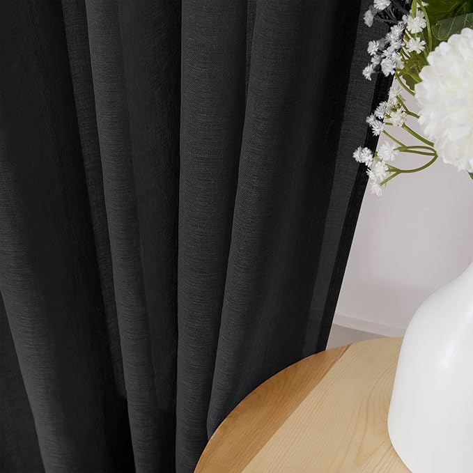 Tollpiz Sheer Curtains Linen Textured Bedroom Curtain Sheers Light Filtering Rod Pocket Voile Curtains for Living Room, 54 x 63 inches Long, Black, Set of 2 Panels