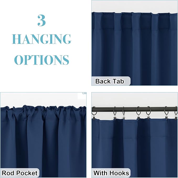 RYB HOME Small Window Curtains - Blackout Insualting Privacy Curtains for Kids Bedroom Kitchen Bathroom Basement Cafe Cabinet Tiers Drapes, 34 Width x 30 Length, 2 Panels, Navy Blue