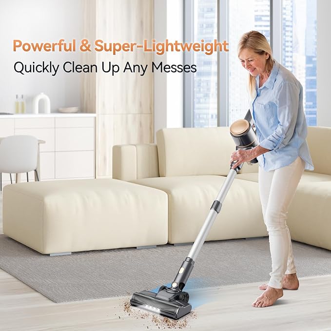 N8 Cordless Vacuum Cleaner,Lightweight Stick Vacuum with Powerful Suction,2200mAh Battery,40 Mins Runtime,Self-Standing,Rechargeable Vacuum Cleaners for Home Hardwood Floor Carpet Pet Hair (Gold)