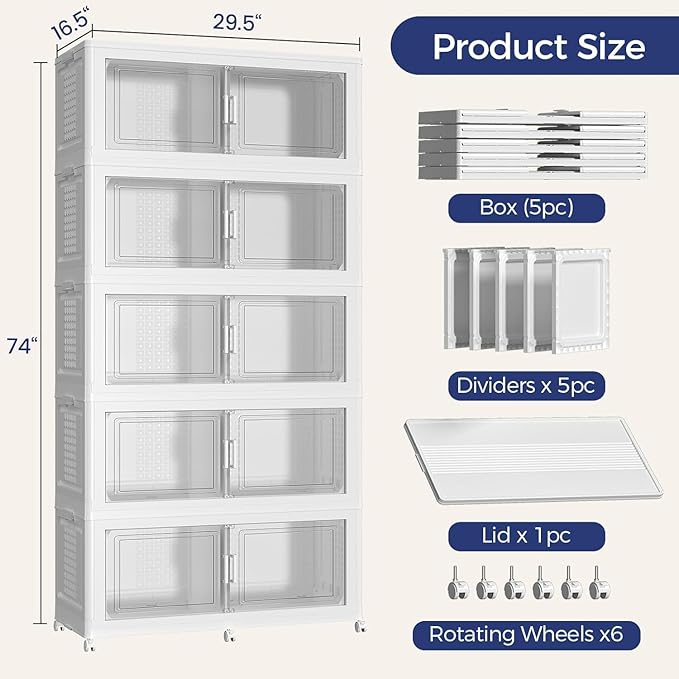 200GAL Storage Bins with Lid and Wheels, Stackable Closet Organizers and Storage Drawer, Collapsible Storage Box with Dividers, Foldable Plastic Cabinets Cubes Totes for Garage, 5 Pack White