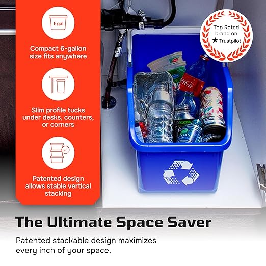 6 Gallon Stackable Recycling Bins for Homes, Garages, Offices Made of 100% Recycled Plastic - (Red, 12 Pack)