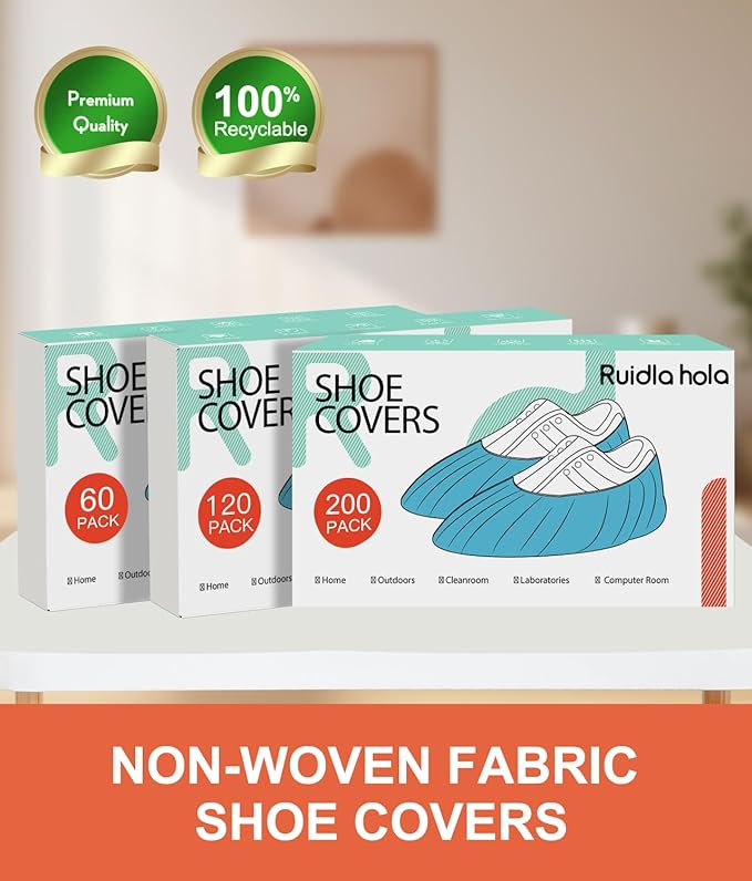 Shoe Covers Disposable 200 Pack (100 Pairs), Non-Woven Booties for Shoes, Durable Non-Slip Shoe Protectors for Indoors, Breathable Stretch Fit – L & XL Sizes, Black/Grey/Printed Options