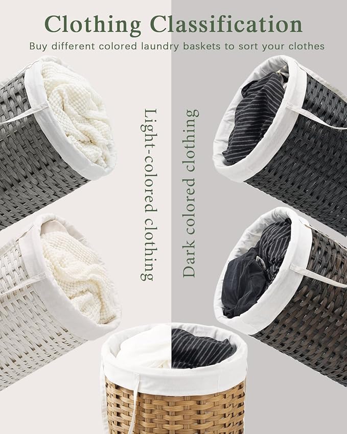 Laundry Basket Round Rattan Laundry Hamper 29.1 Gal (110 L) Handwoven Large Wicker Basket with Handles, Wicker Hamper with Removable Bags and 2 Mesh Bags for Bathroom Living Room Natural