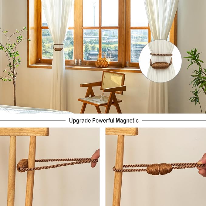Magnetic Curtain Tiebacks Rope Curtain Tie Backs for Curtains 2 Pack Curtain Holders for Drapes Decorative Window Curtain Holdbacks, Khaki