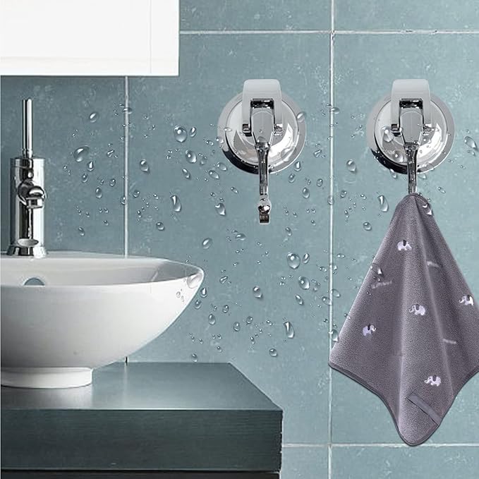 Heavy Duty Suction Cup Hooks for Shower, Bathroom Robe - Vacuum Glass Hooks, Reusable, No Hole Punched, for Garland Decoration (Silver, 2 Pack)