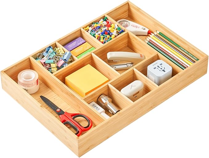 Umilife Extra Large Bamboo Desk Drawer Organizer, Wood Junk Organizer Tray with Adjustable Dividers, Anti-Skip Storage Organization in Office Bathroom Drawer for Vanity, Makeup, 17" x 12"