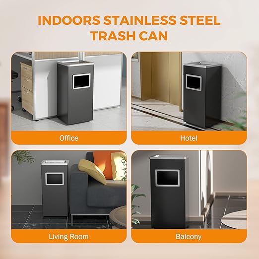 BEAMNOVA Trash Can Indoor Outdoor Black Stainless Steel Commercial Garbage Can Industrial Garbage Enclosure Inside Cabinet with Lid Waste Container, Black, 31 * 25 * 61 cm / 12.2 * 9.8 * 24 in