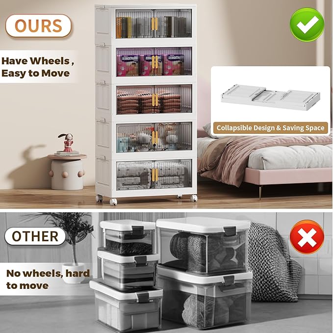 100Gal Stackable Plastic Storage Bins with Lids, Collapsible Closet Organizers and Storage with Wheels for Living Room,Office,Dorm 26.8" W x 14.4" D x 60" H, 5 Tier