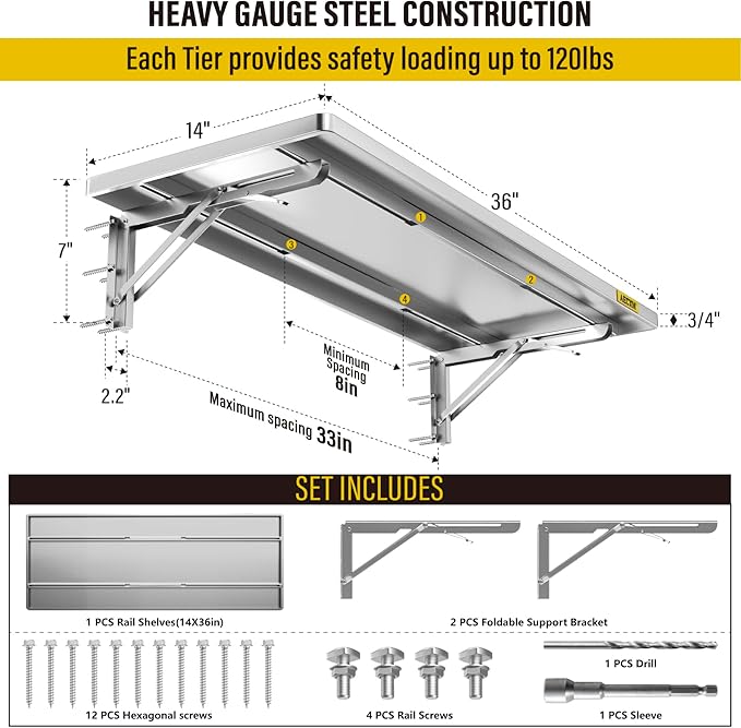 1.2x3ft Adjustable Rail Type Folding Storage Rack Shelf, Suitable for Garage, Storage Room, Kitchens Wall Shelf Garage Storage Rack Floating Shelves, Folding Panels (1pc-Silver Gray)