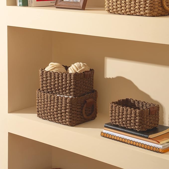 LA JOLIE MUSE Woven Storage Baskets, Recycled Paper Rope Bin Organizer Divider for Cupboards Drawer Closet Shelf Dresser, Set of 3 (Brown)