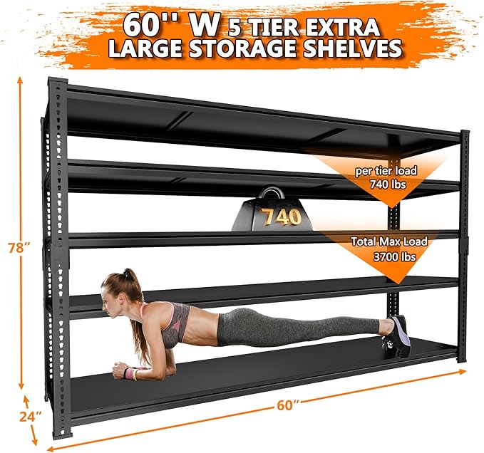 Storage Shelves Heavy Duty, 60" L x 24" W x 78" H Garage Storage Shelves Unit Loads 3700LBS, 5-tier Adjustable Metal Industrial Utility Shelf Rack for Kitchen, Laundry Room, Warehouse, Basement