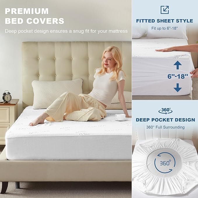 Waterproof King Size Mattress Protector, Mattress Pad Fitted 6"-18" Deep Pocket, 3D Air Fabric Bed Mattress Cover Noiseless Washable for Bedroom, Hotel