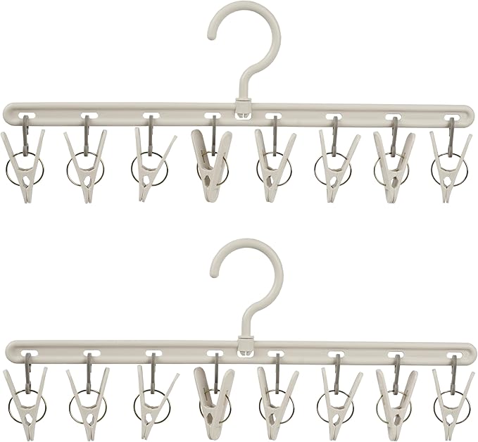 Clothes Hanger 2 Pack with 8 Clips,Clothes Drying Racks Windproof for Drying Socks Bras Underwears Baby Clothes, Hats Scarfs Towels Pants and Gloves Diaper