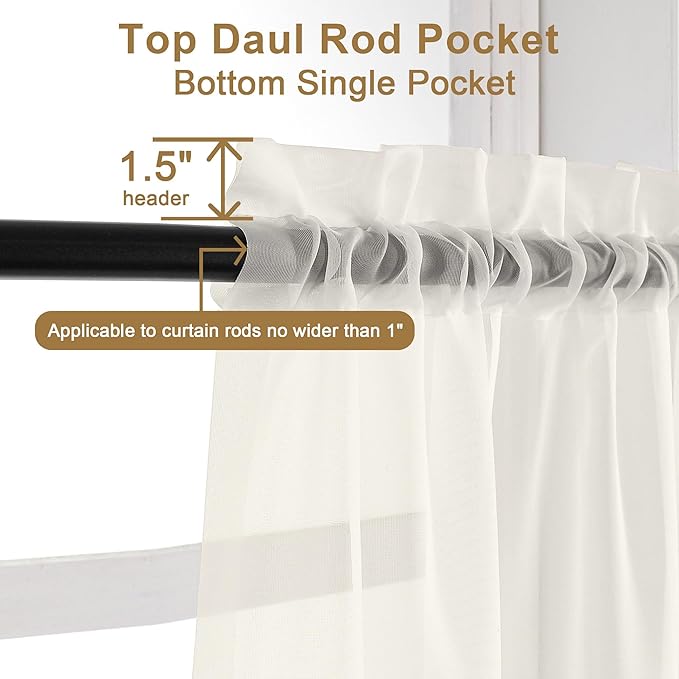Chyhomenyc Ivory Sheer Curtains 30 inch Length 2 Panels, Light Filtering Voile Rod Pocket Short Window Curtians for Bathroom Living Room Farmhouse Small Windows, 42Wx30L inches