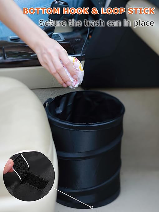 Ginsco 2Packs 2 Gallons New Leakproof Car Trash Can, Compact Trash Can Pop-up Collapsible Hanging Car Trash Bin with Hook and Loop, Waterproof PEVA Liner Open-Top Garbage Can for Cars Home Office