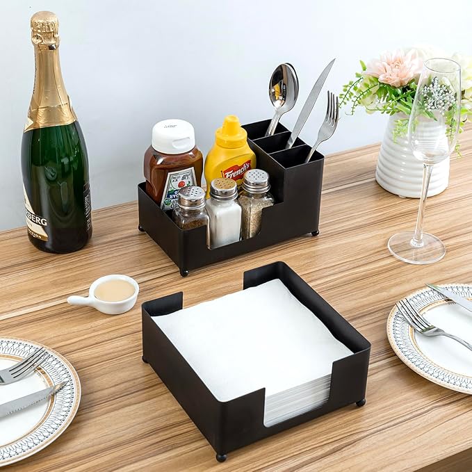 MyGift Modern Brass Tone Metal Tabletop Commercial Folded Paper Towel Holder Dispenser Tray (Matte black set)