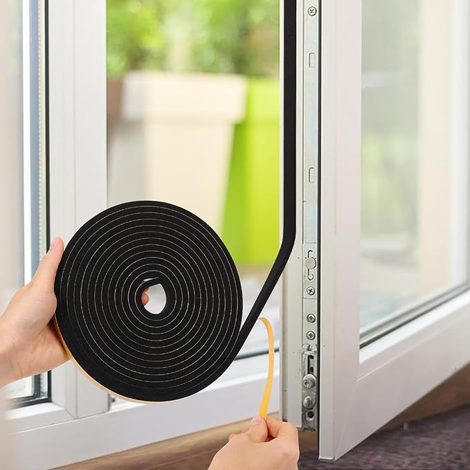 Weather Stripping Seal for Door Window, High Density Foam Tape, Soundproofing, Insulation Strip, Door Sealers for Door Frame (Black, 1/2 Inch X 1/2 Inch X 10Feet)