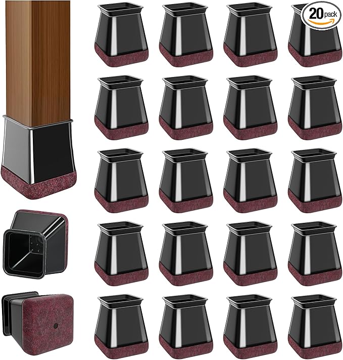 20 Pcs Chair Leg Floor Protectors for Hardwood Floors, Black Rubber Furniture Sliders with Felt, Silicone Furniture Leg Caps Covers (Fit Square Diameter:0.81" to 1")