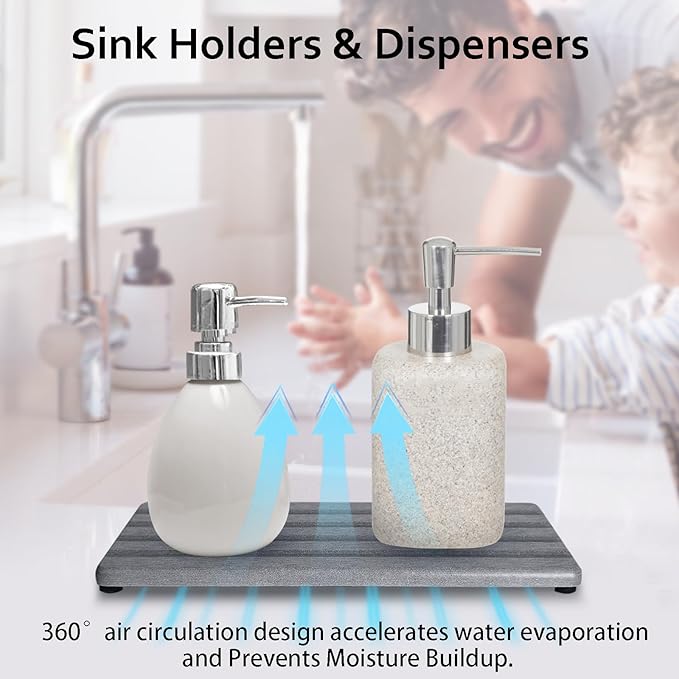 Set of 3 Diatomite Hand Soap Holder, Water Absorbing Stone Tray for Kitchen Countertop, Fast-Drying Bathroom Trays(1pcs 22 x 10cm + 2pcs 10 x 10cm Grey)