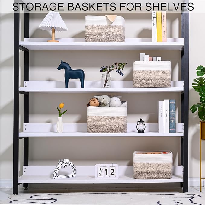 Small Storage Baskets for Organizing Shelves, Woven Cotton Rope Basket for Storage, Cute Rectangular Book Toy Baskets, 12.7"×9.1"×7.9", 4 Packs, Gradient Brown