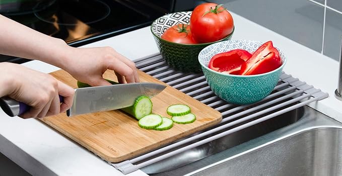 Surpahs Over Sink Foldable Multipurpose Roll-Up Dish Drying Rack, Silicone Wrapped Stainless Steel, Warm Gray, 20.5" x 13.1"