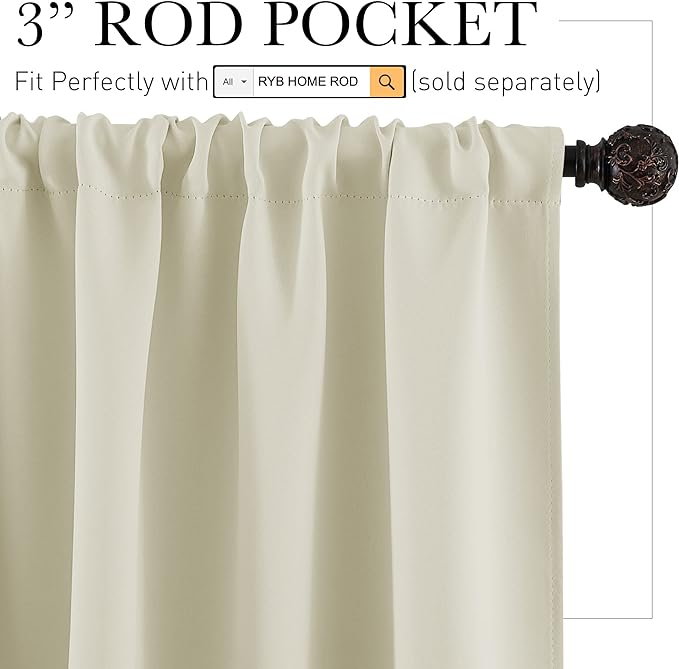 RYB HOME Beige Short Curtains Blackout, 45 inch Durable Cafe Curtains Room Darkening Window Drapes Privacy Protection for Basement Closet Kithen, W29 x L45 inch, 2 Panels